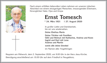 Traueranzeige von Ernst Tomesch von Allgäuer Zeitung, Kaufbeuren/Buchloe