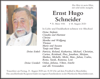 Traueranzeige von Ernst Hugo Schneider von Der Westallgäuer
