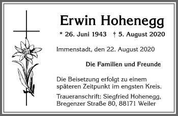 Traueranzeige von Erwin Hohenegg von Allgäuer Anzeigeblatt