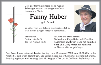 Traueranzeige von Fanny Huber von Allgäuer Anzeigeblatt