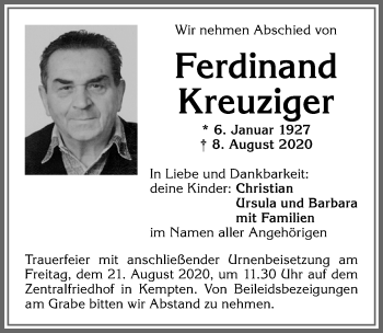 Traueranzeige von Ferdinand Kreuziger von Allgäuer Zeitung,Kempten