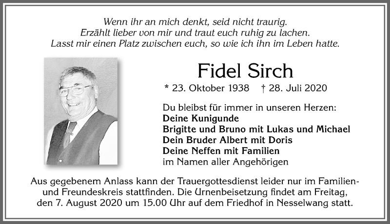  Traueranzeige für Fidel Sirch vom 04.08.2020 aus Allgäuer Zeitung, Füssen