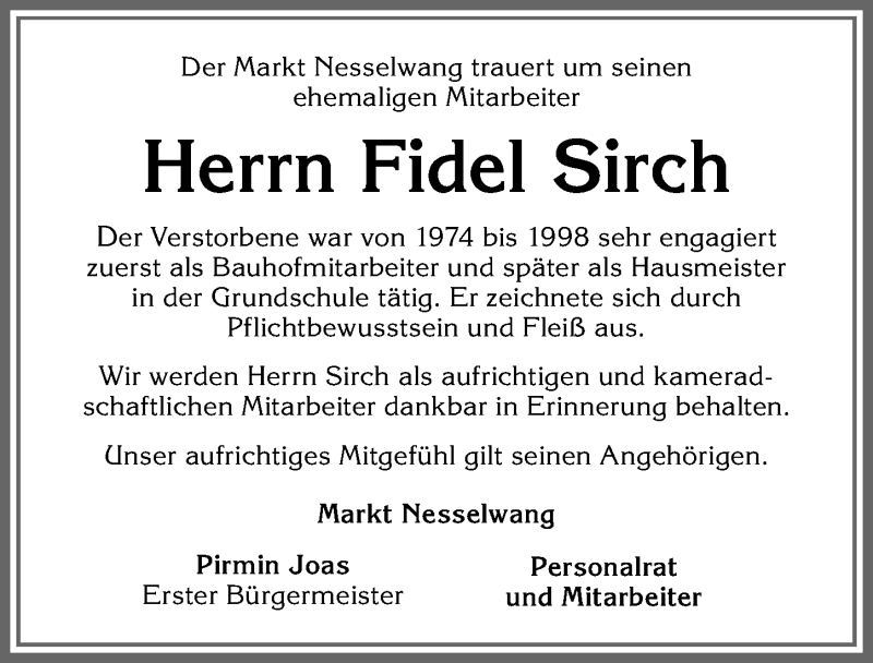  Traueranzeige für Fidel Sirch vom 04.08.2020 aus Allgäuer Zeitung, Füssen