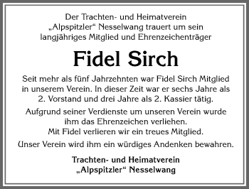 Traueranzeige von Fidel Sirch von Allgäuer Zeitung, Füssen