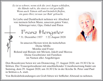 Traueranzeige von Franz Hengster von Allgäuer Zeitung, Marktoberdorf