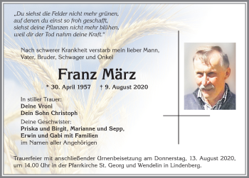 Traueranzeige von Franz März von Allgäuer Zeitung, Kaufbeuren/Buchloe