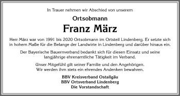 Traueranzeige von Franz März von Allgäuer Zeitung, Kaufbeuren/Buchloe