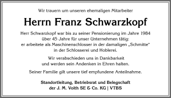 Traueranzeige von Franz Schwarzkopf von Allgäuer Anzeigeblatt
