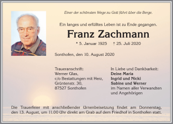 Traueranzeige von Franz Zachmann von Allgäuer Anzeigeblatt