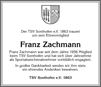Traueranzeige von Franz Zachmann von Allgäuer Anzeigeblatt