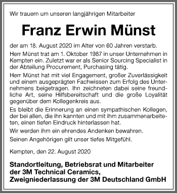 Traueranzeige von Franz Erwin Münst von Allgäuer Zeitung,Kempten