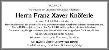 Traueranzeige von Franz Xaver Knöferle von Allgäuer Anzeigeblatt