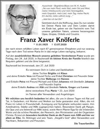 Traueranzeige von Franz Xaver Knöferle von Allgäuer Anzeigeblatt