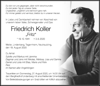 Traueranzeige von Friedrich Koller von Der Westallgäuer