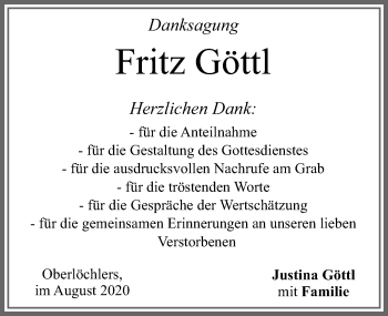 Traueranzeige von Fritz Göttl von Allgäuer Zeitung, Marktoberdorf