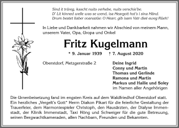 Traueranzeige von Fritz Kugelmann von Allgäuer Anzeigeblatt