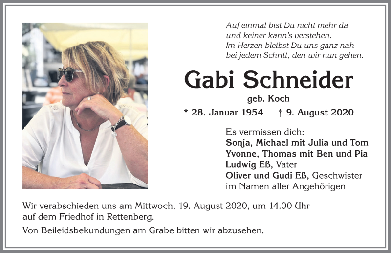  Traueranzeige für Gabi Schneider vom 14.08.2020 aus Allgäuer Zeitung