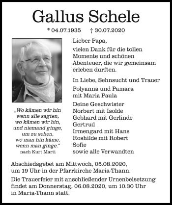 Traueranzeige von Gallus Schele von Der Westallgäuer