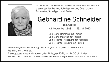 Traueranzeige von Gebhardine Schneider von Memminger Zeitung