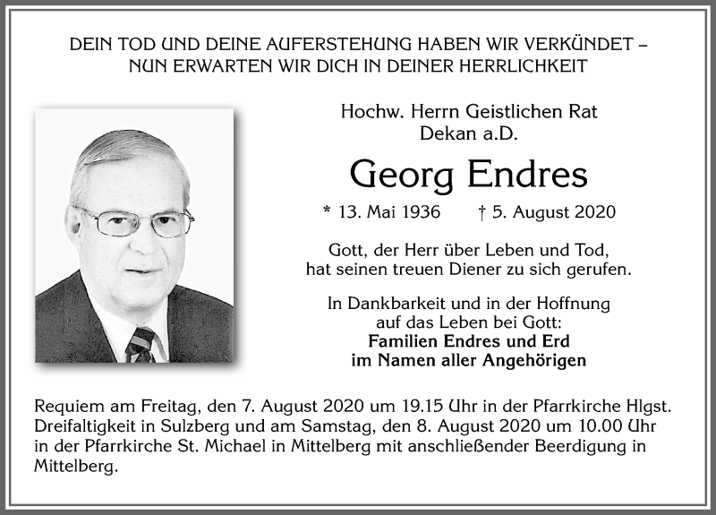  Traueranzeige für Georg Endres vom 06.08.2020 aus Allgäuer Zeitung