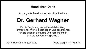 Traueranzeige von Gerhard Wagner von Memminger Zeitung