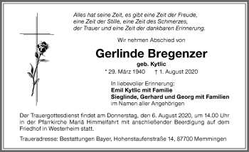 Traueranzeige von Gerlinde Bregenzer von Memminger Zeitung