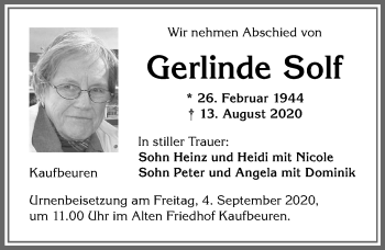 Traueranzeige von Gerlinde Solf von Allgäuer Zeitung, Kaufbeuren/Buchloe