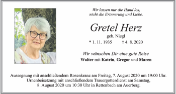 Traueranzeige von Gretel Herz von Allgäuer Zeitung, Marktoberdorf