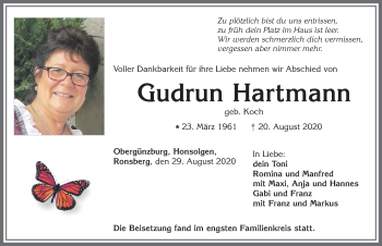 Traueranzeige von Gudrun Hartmann von Allgäuer Zeitung, Marktoberdorf