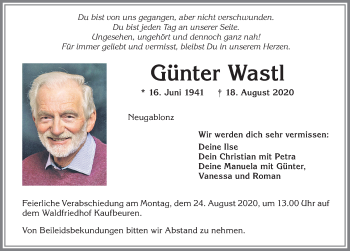 Traueranzeige von Günter Wastl von Allgäuer Zeitung, Kaufbeuren/Buchloe