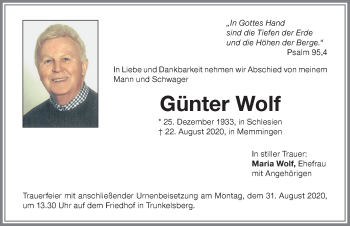 Traueranzeige von Günter Wolf von Memminger Zeitung