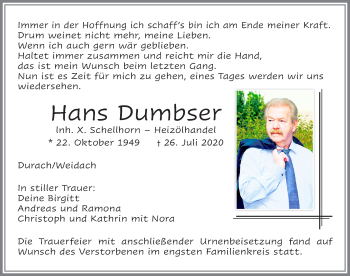 Traueranzeige von Hans Dumbser von Allgäuer Zeitung,Kempten