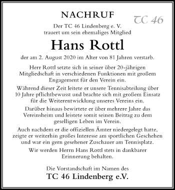 Traueranzeige von Hans Rottl von Der Westallgäuer