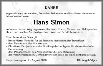 Traueranzeige von Hans Simon von Allgäuer Zeitung,Kempten