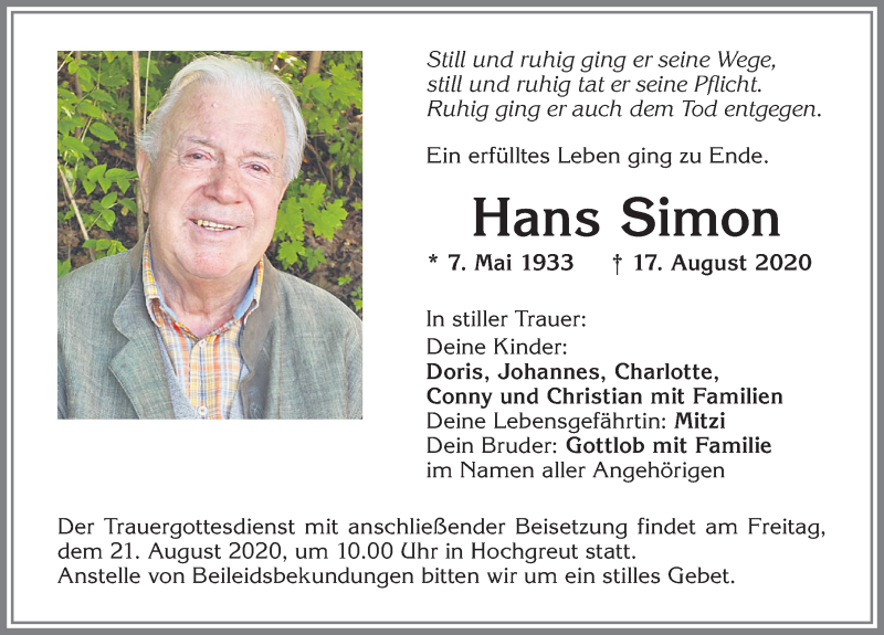  Traueranzeige für Hans Simon vom 19.08.2020 aus Allgäuer Zeitung,Kempten