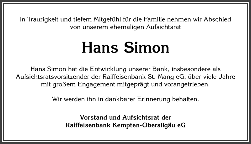  Traueranzeige für Hans Simon vom 20.08.2020 aus Allgäuer Zeitung,Kempten