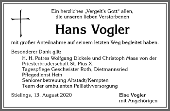Traueranzeige von Hans Vogler von Allgäuer Zeitung,Kempten