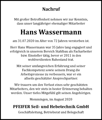 Traueranzeige von Hans Wassermann von Memminger Zeitung