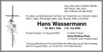 Traueranzeige von Hans Wassermann von Memminger Zeitung