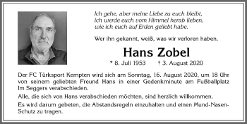 Traueranzeige von Hans Zobel von Allgäuer Zeitung,Kempten