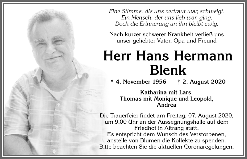  Traueranzeige für Hans Hermann Blenk vom 05.08.2020 aus Allgäuer Zeitung, Marktoberdorf