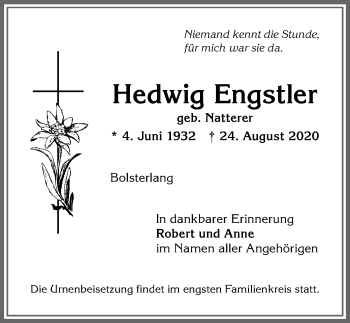 Traueranzeige von Hedwig Engstler von Allgäuer Anzeigeblatt