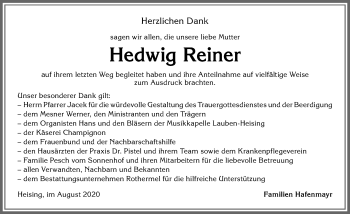Traueranzeige von Hedwig Reiner von Allgäuer Zeitung,Kempten