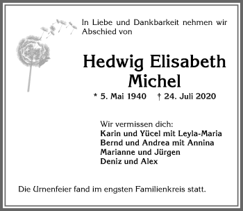 Traueranzeige von Hedwig Elisabeth Michel von Allgäuer Zeitung,Kempten