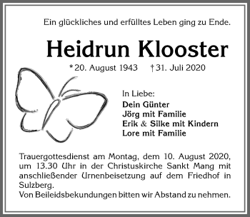 Traueranzeige von Heidrun Klooster von Allgäuer Zeitung,Kempten