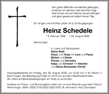 Traueranzeige von Heinz Schedele von Memminger Zeitung