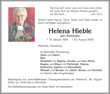 Traueranzeige von Helena Hieble von Allgäuer Zeitung,Kempten