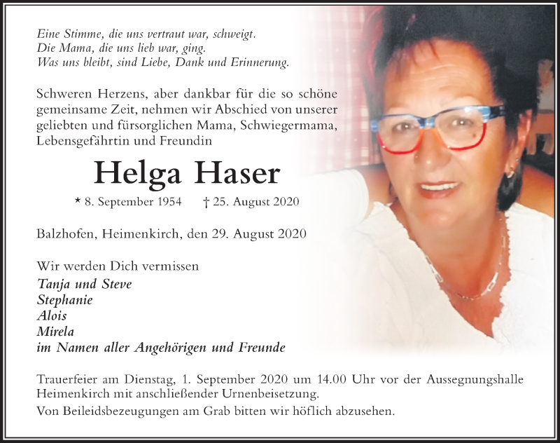  Traueranzeige für Helga Haser vom 29.08.2020 aus Der Westallgäuer