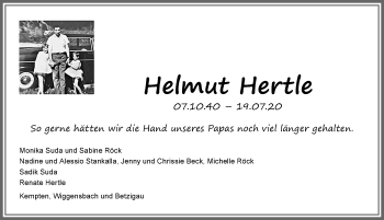 Traueranzeige von Helmut Hertle von Allgäuer Zeitung,Kempten