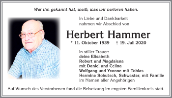 Traueranzeige von Herbert Hammer von Allgäuer Zeitung,Kempten
